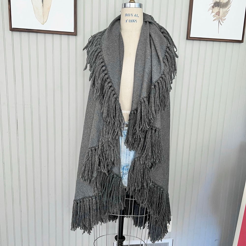 Fringed Cape Double Layered Grey Cardigan Vest Cape Long Length